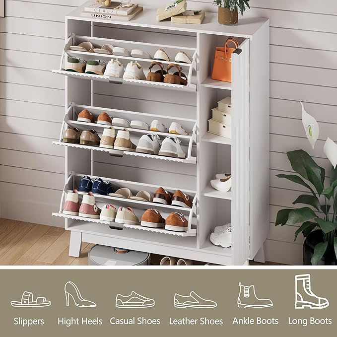 Shoe Cabinet Storage for Entryway with 3 Flip Drawers & Side Cabinet, Fluted Narrow Shoe Organizer with Wooden Leg, Freestanding Shoe Storage Hidden Shoe Rack Organizer for Front Door Entrance, White
