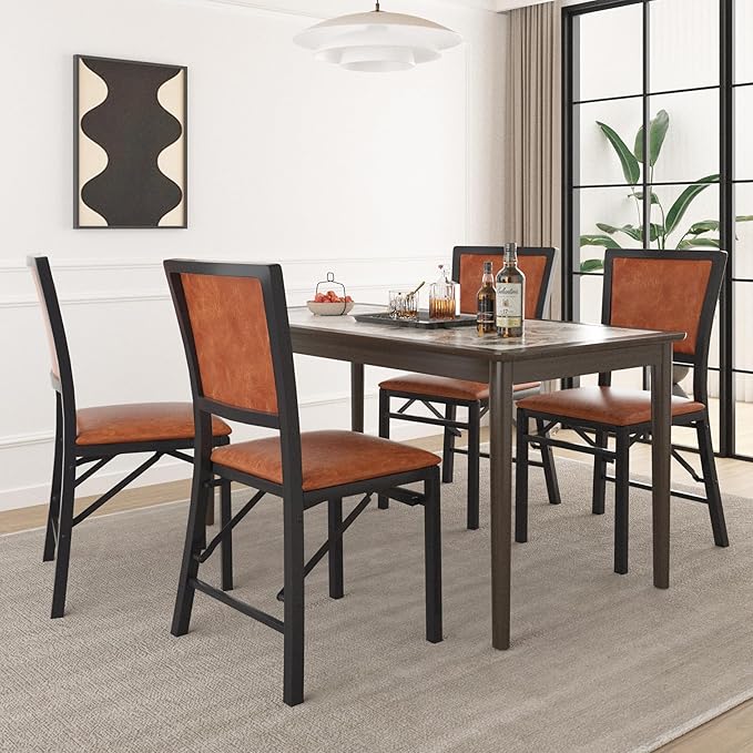 VECELO Folding Chairs Set of 2 with Cushion, Foldable Padded Seats with Heavy Duty Metal Frame for Kitchen/Dining/Living Room, No Assembly & Space Saving Design, Chestnut Brown