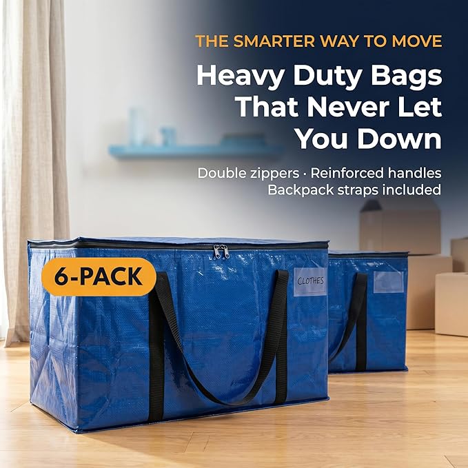 ClearSpace Heavy Duty Moving Bags - Water Resistant Storage Bags or Storage Bins with Lids and Moving Supplies - Large Moving Boxes for College Dorm, Travel, Closet Organization - 6 Pack