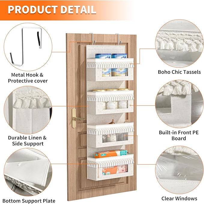 Aokeyee 4 Tier Over The Door Organizer Storage Nursery, Boho Door Organizer Hanging with Tassels and Clear Window, 55lb Behind The Door Storage for Baby Nursery, Bedroom, Bathroom