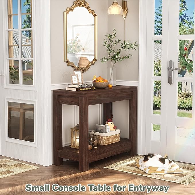 Besiost Farmhouse End Table, Narrow Side Table, Slim End Table with Storage Shelf, Small Console Table for Small Spaces, Rustic Nightstand Sofa Table for Living Room, Bedroom, 24" Black Walnut