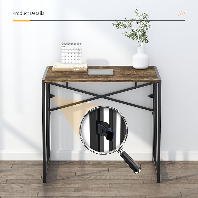 Lutown-Teen 32 inch Small Folding Computer Desk, Writing Gaming Computer Desk for Small Spaces, No Assembly Required Home Office Desk, Rustic Brown