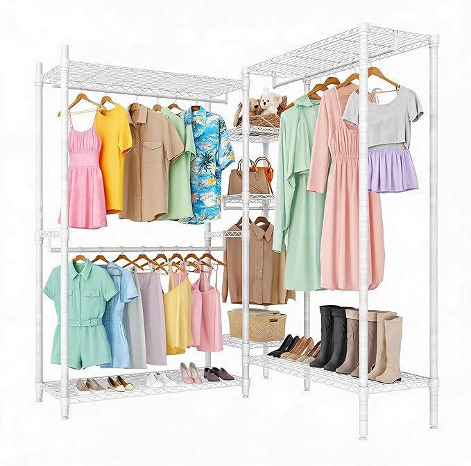 Heavy Duty Clothes Rack, Freestanding Garment Rack with 4 Hanging Rods and 7 Storage Shelves, Adjustable Closet Organizer System, Portable Wardrobe Closet for Hanging Clothes, 70.5"h X85.4"l x 17.4"w