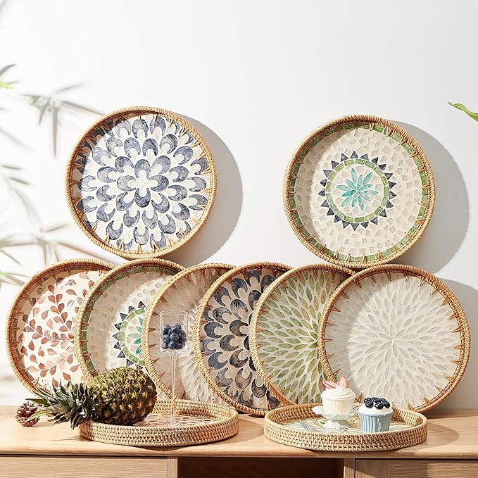 Kmelep Round Rattan Tray with Mother of Pearl Inlay, Rattan Serving Tray with Wooden Base, Decorative Wicker Basket for Table Decor, Storage and Display of Coffee Bread Food Fruit (Wicker)