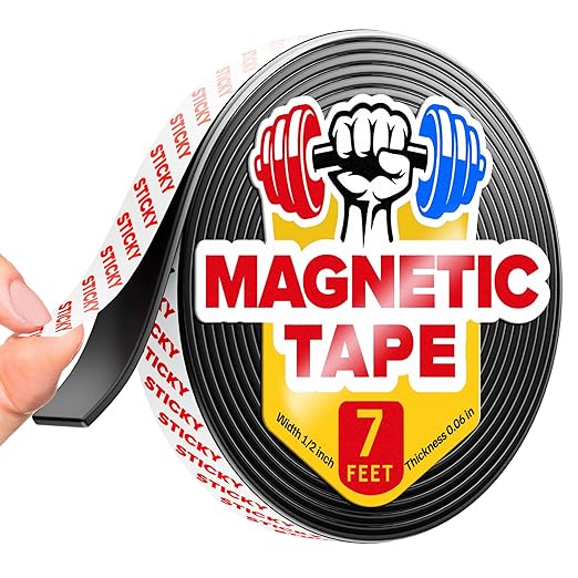 Super Sticky Magnetic Tape (7 Feet x 1/2 Inch / 2m x 1.25cm) - Strong Magnet Strip with Adhesive Backing for DIY & Crafts - Easy to Cut and Mount On Fridges, Whiteboards & More - Organization