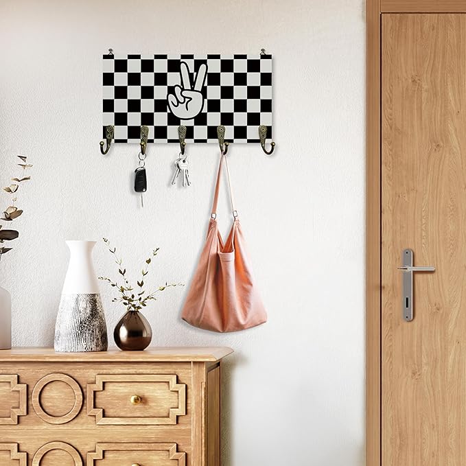 Black and White Checked Key Holder for Wall 10"x5.12", Boys Room Decor Key Hanger Wall Mount, Preppy Peace Sign Wooden Hanging Keys Holder Decor for Entryway Front Door Kids Room（5 Hooks）
