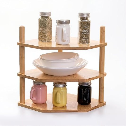 3-Tier Expandable Bamboo Corner Shelf - Dish/Plate Organizer for Cabinet, Kitchen Counter Shelf & Small Kitchen Shelf, Adjustable (Natural, 1-Pc 3.90" H)