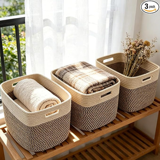 3 Pack Woven Rope Storage Baskets for Shelves,13.5"×11"×9.5" Storage Bins with Handles,Empty Gift Baskets,Nursery Organizer for Toys,Towels,Books,Closet,Living Room,Bedroom (Jute&Black)