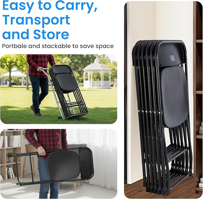 Simple Deluxe 10-Pack Folding Chairs Plastic, Foldable Stackable Portable Chairs with Metal Frame 330lb Capacity, for Indoor Outdoor Use, Commercial Event Chairs for Party, Wedding, Office, Black