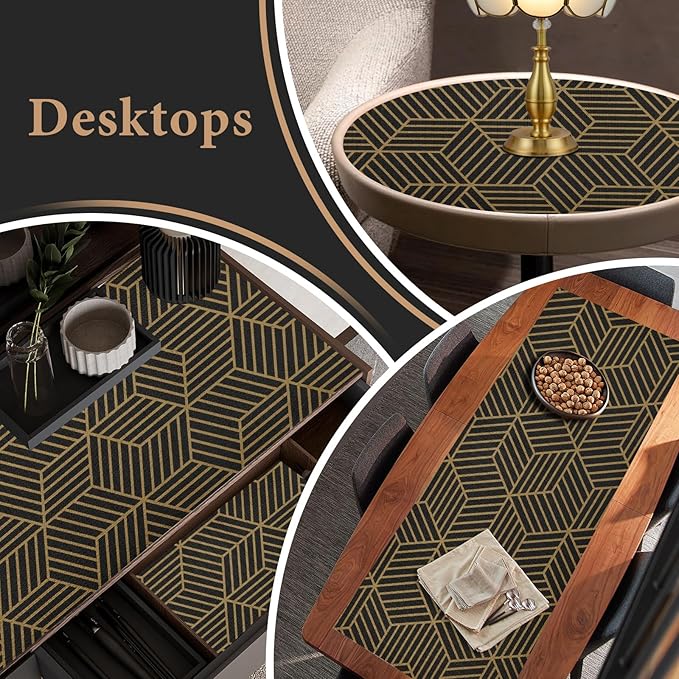 Shelf Liners for Kitchen Cabinets 23in x 30FT, Non Adhesive Cabinet Liner Strong Non-Slip Black Gold Geometric Drawer Liner, Easy to Clean for Shelf, Cabinet with Knife and Tape Measure