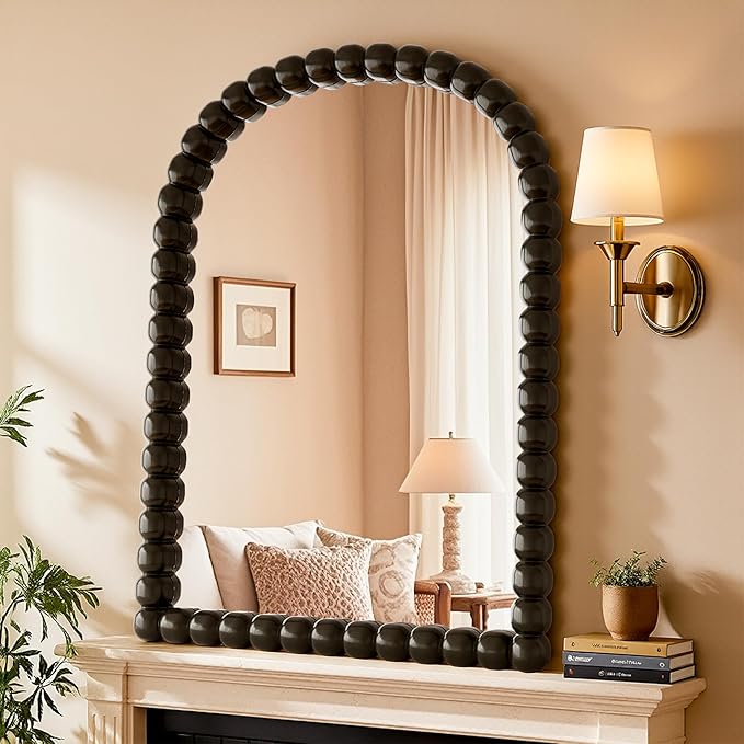 22"×30" Bronze Arched Bathroom Vanity Mirror, Vintage Beaded Decorative Wall Mounted Makeup Mirror, as Wall Decor Hanging Leaning for Fireplace Mantle, Living Room, Bedroom, Vanity Area