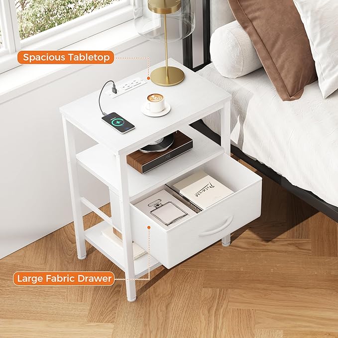 DUMOS Bedside Table with Charging Station and an Adjustable Fabric Drawer, and it is a Compact Nightstand, as Well as a 3-Tier Storage Organizer and an End Table for Bedroom, White