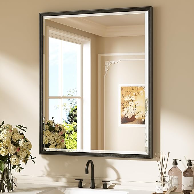 Keonjinn 30" x 36" Black Bathroom Vanity Mirror, Brushed Black Mirrors for Over Sink, Beveled Edge Tempered Glass, Aluminum Alloy Frame, Anti-Rust, Classic Rectangular Wall Mirror for Bedroom, Hallway