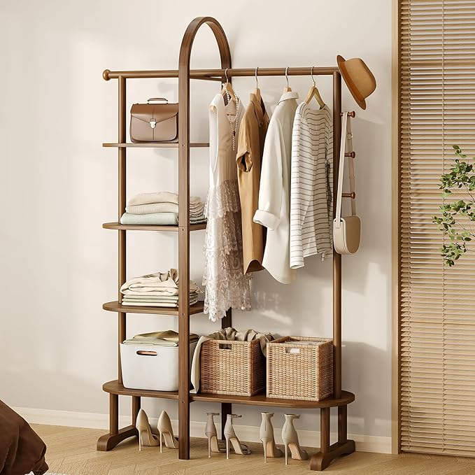 41.3" Wide 3-in-1 Freestanding Clothing Rack, Wooden Coat Rack with 4 Shelves and 5 Hooks, Solid Rubber Wood Coat Rack with Shelves for Entryway, Bedroom, Living Room, Walnut
