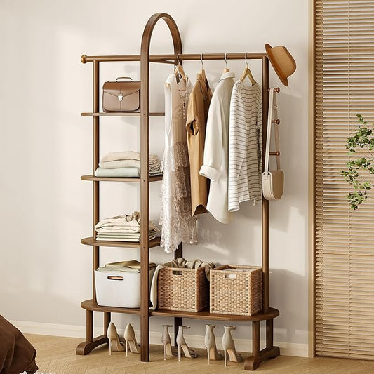 41.3" Wide 3-in-1 Freestanding Clothing Rack, Wooden Coat Rack with 4 Shelves and 5 Hooks, Solid Rubber Wood Coat Rack with Shelves for Entryway, Bedroom, Living Room, Walnut