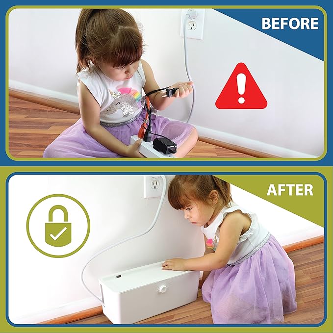 Power Strip Cover Box - Effectively Baby Proofs Power Strip with Patented Dual Lock. Convenient Side Openings for Cords & Cables. Protects Small Hands & Fingers