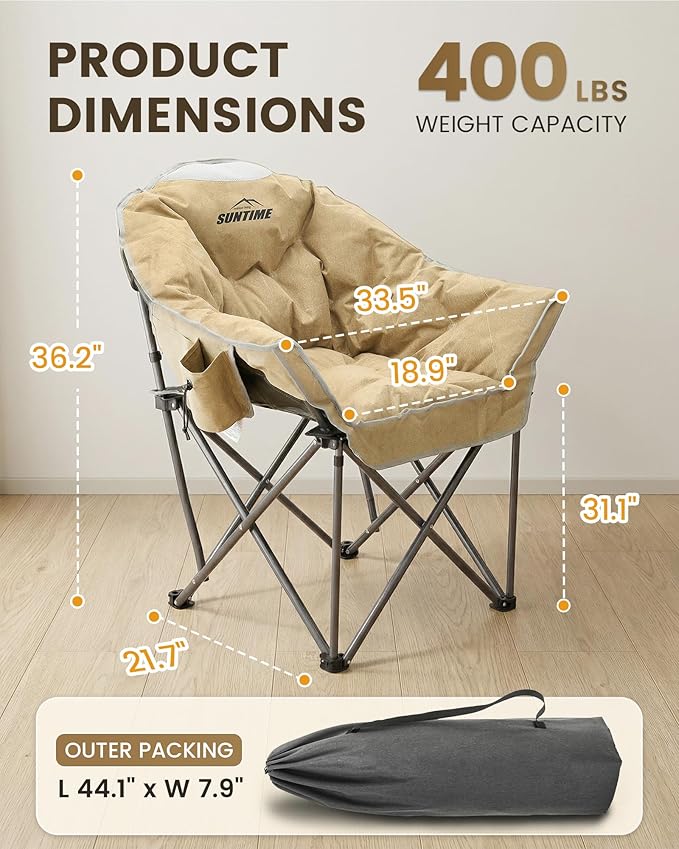 Upgrade Oversized Padded Camping Chair with Adjustable Cup Holder,Weight Capacity 400 LBS,Built-in Comfy Foam Armrest Supports,Heavy Duty Moon Leisure Folding Chair for Camping, Beige(2 Pack)