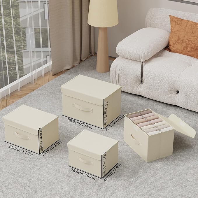Storage Boxes, Collapsible Storage Bins with Lids, Cotton and linen cloth Storage Baskets with Handle, for Books, Closet, Bedroom, Home, 13x9.1x7.9 in, Beige