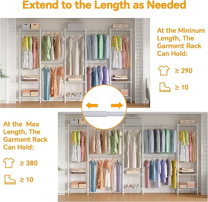 Higeego H11 Heavy Duty Garment Rack, Clothing Rack for Hanging Clothes, Extra Large Closet, Freestanding Wardrobe Closet Organizer and Storage with Hanger Rods, Extendable from 7.8 to 10.8 ft, White