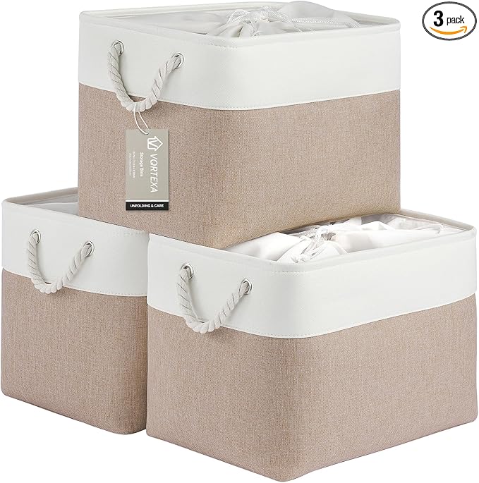 Large Storage Baskets- 16x12x12 inch Storage Bins for Shelves and Closet Organizing, Foldable Fabric Bin for Home Organization Clothes and Laundry (3-Pack, White&Khaki)
