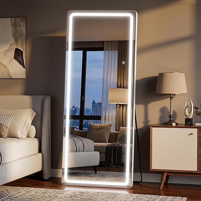 71"x32" Full Length Mirror with LED Lights, Dimmable Lighted Floor Mirror with 3 Color Lighting & Touch Control, Standing or Wall Mounted Full Body Mirror for Bedroom Dressing Room, White