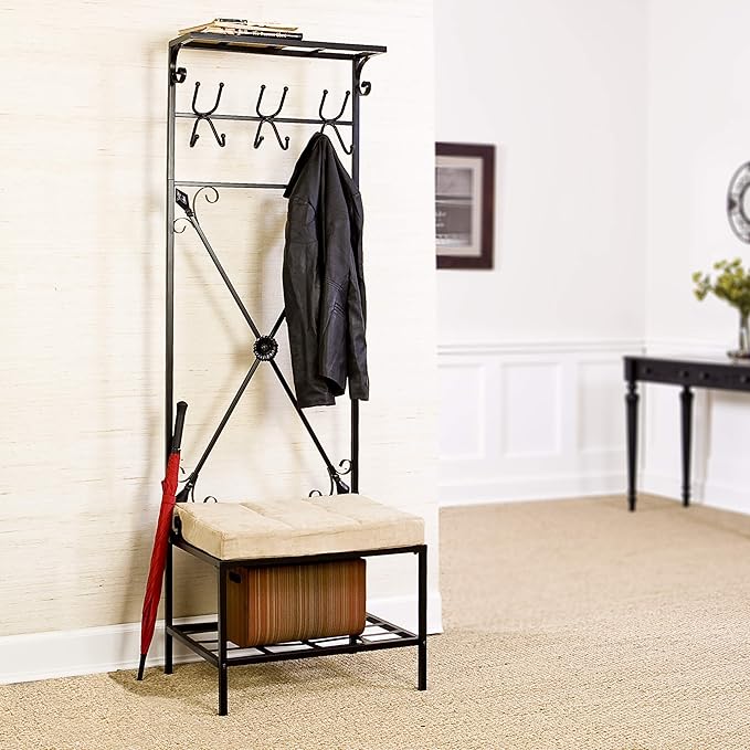 SEI Furniture - Dovanti Entryway Storage Rack & Bench Seat - Transitional Design, Black Metal - Ideal for Entryway, Mudroom (HP3191)