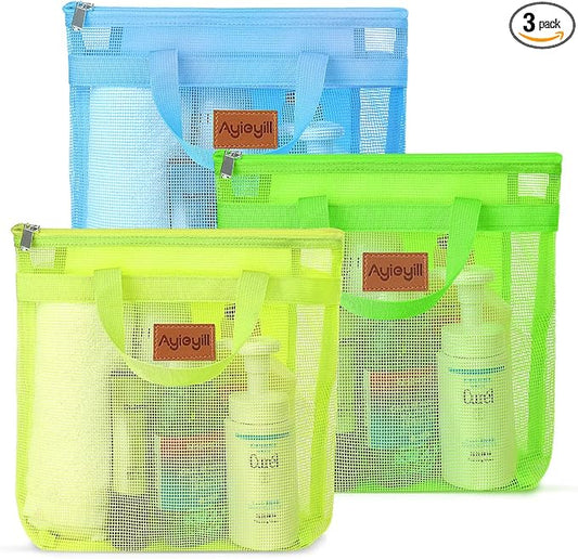 3 Pcs Portable Mesh Shower Caddy Tote, Quick Dry Tote Bag Mesh Beach Bags for Women, Hanging Toiletry and Bath Organizer for Travel Swimming Sports Gym Camp Shopping College Dorms (Blue Green Yellow)
