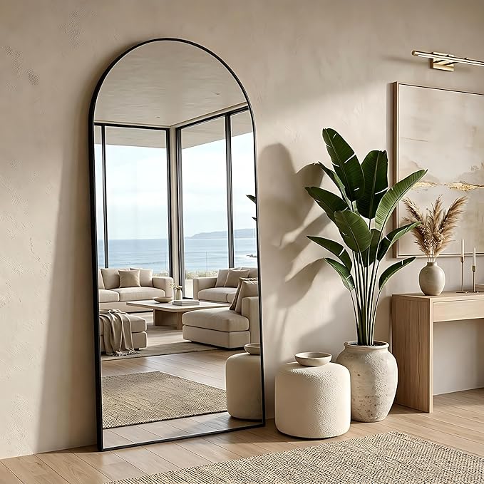 MISSDAY 65"x24" Arched Full Length Mirror, Full Body Mirror with Stand, Floor Mirror Long Free Standing, Leaning or Hanging, Aluminum Thin Frame Wall-Mounted Mirrors Wall Mirrors for Bedroom, Black