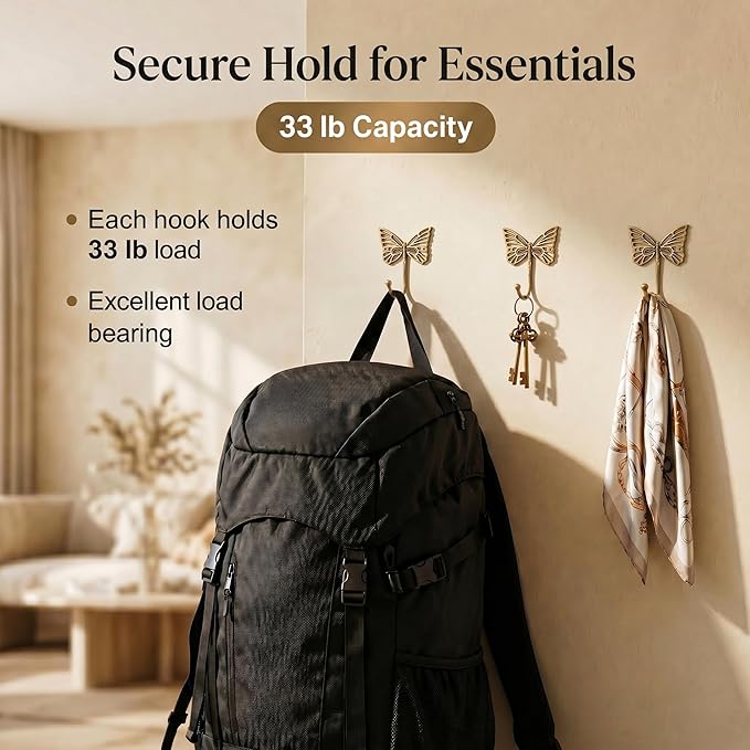 Indian Shelf 33 Lb. Solid Brass Butterfly Wall Hooks - Vintage Gold Decorative Hooks for Coats, Backpacks- Cute Heavy Duty Hangers for Kids Room, Entryway, Kitchen, Mudroom - Pack of 3