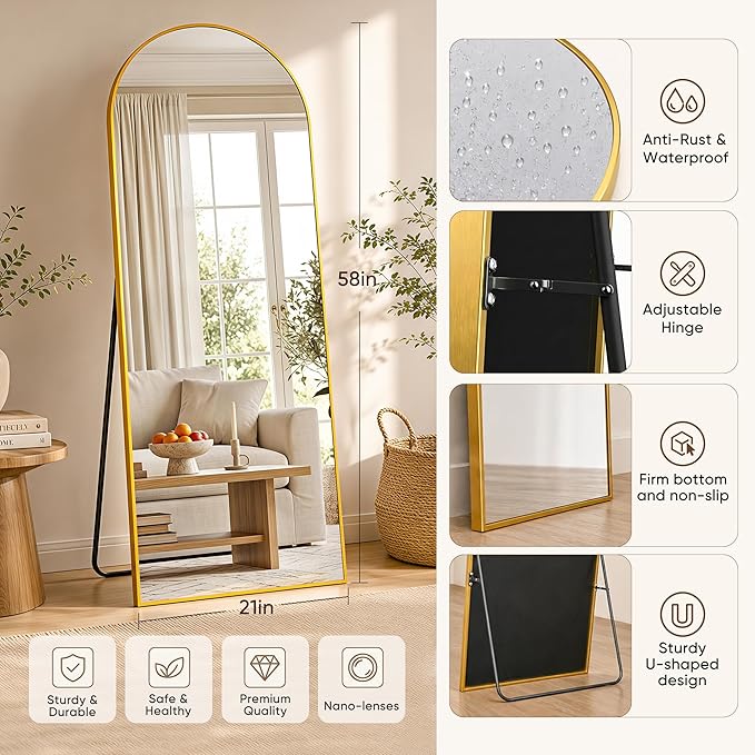 Full Length Mirror, 58"x21" Arched Floor Mirror Freestanding, Floor Standing Full Body Mirror with Stand for Bedroom, Hanging Mounted for Living Room Cloakroom, Gold