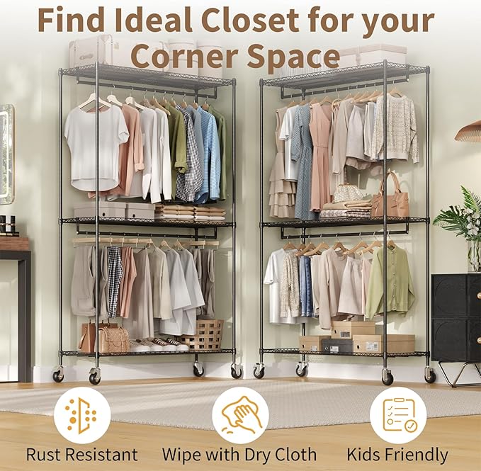 Heavy Duty Rolling Garment Rack, 3 Tier Adjustable Wire Shelving Clothing Racks with Adjustable Shelves and Double Rods for Hanging Clothes, Black Metal Freestanding Closet Organizer