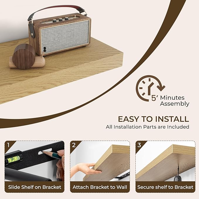 RICHFOCUS 40Inch Floating Shelves for Wall 1 Pack Shelves for Bedroom|Kitchen|Bathroom|Laundry Room Rustic Wood Wall Mounted Shelf with Invisible Brackets for Books|Storage|Decor, Oak
