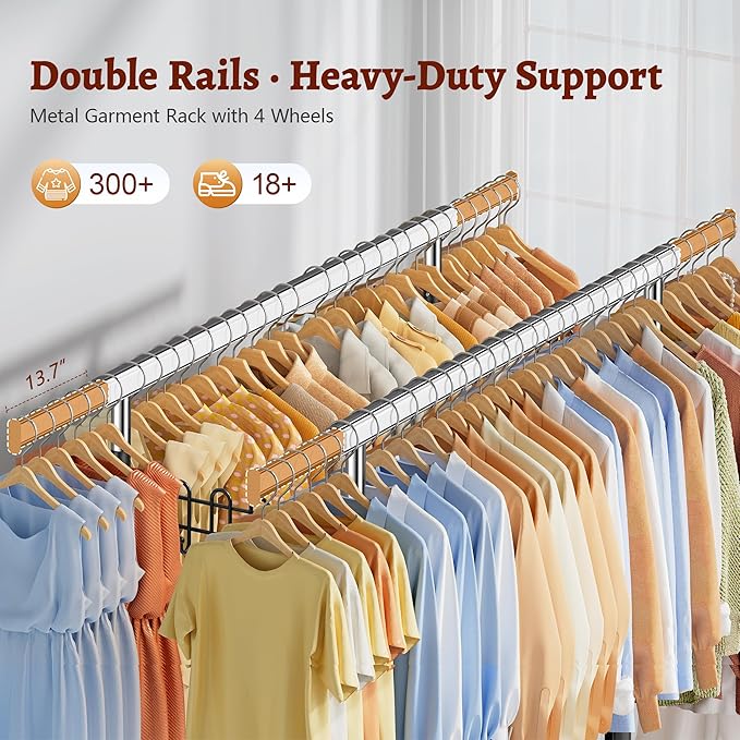 FAVOOSTY Heavy Duty Clothes Rack for Hanging Clothes Double Rods, Rolling & Extending Clothing Rack with Wheels, Garment Coat Rack Freestanding, Portable Clothes Rack, Black