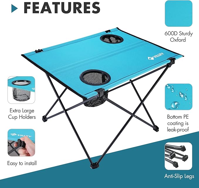 VILLEY Folding Camping Table, Lightweight Portable Beach Table with 2 Cup Holders & Carry Bag for Camping, Beach, Fishing, Travel, and Outdoor Activities(Small)