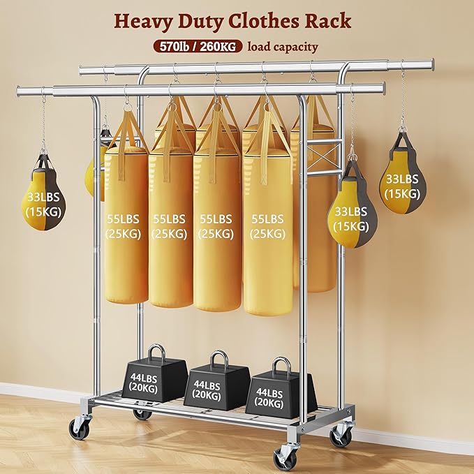 FAVOOSTY Clothes Rack for Hanging Clothes Double Rods, Rolling & Extending Clothing Rack with Wheels, Garment Coat Rack Freestanding, Portable Clothes Rack, Sliver