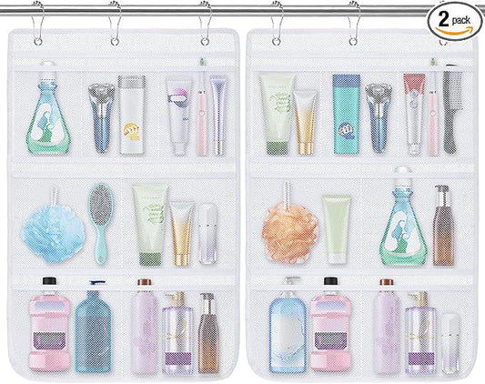2 Pack Mesh Shower Caddy Hanging Organizer with 7 Pockets, Quick Dry Bathroom Storage Bag, Cruise Cabin and Dorm Essentials for Travel, Toiletry Organizer for Shampoo Soap