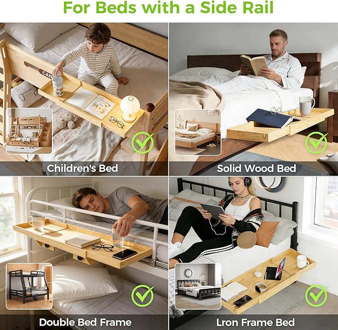 MinBoo Expandable Nightstand Shelf Bamboo College Caddy for Top Bunk Clip Bedside Shelf Floating Bed Side Table Tray Storage Dorm Room Decor College