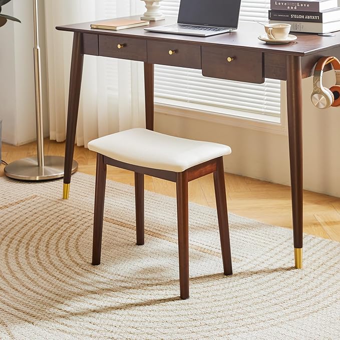 IBUYKE Vanity Stool with Saddle Cushion,Modern Foot Stool Ottoman Piano Bench,Foot Rest Stool with Solid Wood Legs, Small Upholstered Bench for Bedroom, Entryway,Beige,WBD007HM