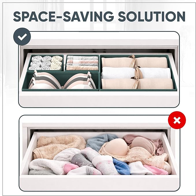 Clothes Organizer, Transform Your Drawers in Seconds - Green Set of 6 Foldable Storage Boxes with Zipper, Durable 600D Fabric, Includes Fragrance Sachets, Ideal for Underwear, Socks, Baby Clothes