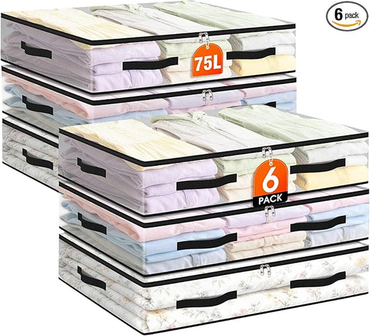6 Pack Under Bed Storage Bags, 75L Foldable Clear Storage Containers with Handles, Dual Zippers for Comforter, Clothes, Bedding, Linen Sheets, Sweaters, Blanket Storage