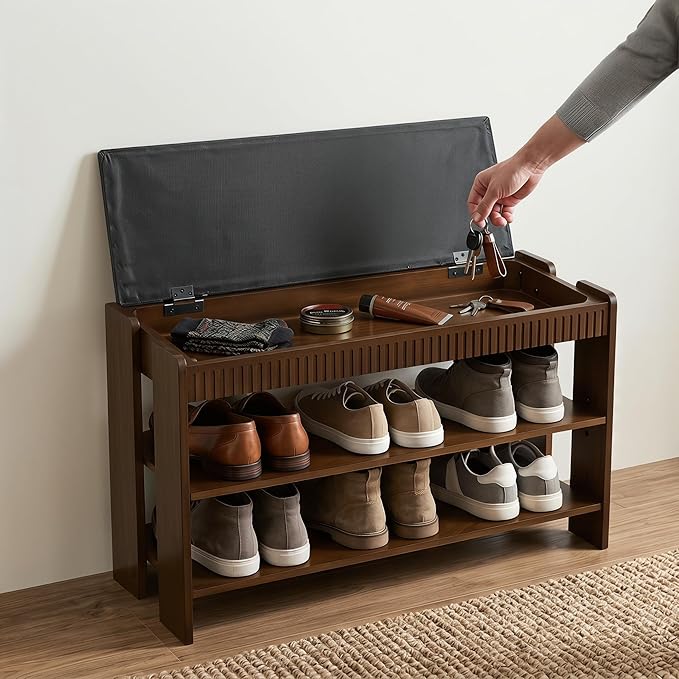 Shoe Bench with Cushion, Solid Wood 2 Tier Adjustable Storage Shoe Bench Rack for Entryway, Bedroom, Closet, Living Room, Hallway