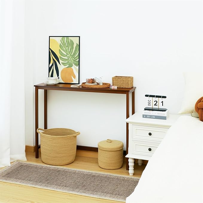 Bamboo Narrow Console Table, 39.4"(L) Wood Small Entryway Table, Accent Slim Hallway Tables, Thin Sofa Side Tables for Hallway, Living Room, Bedroom, Foyer, Walnut