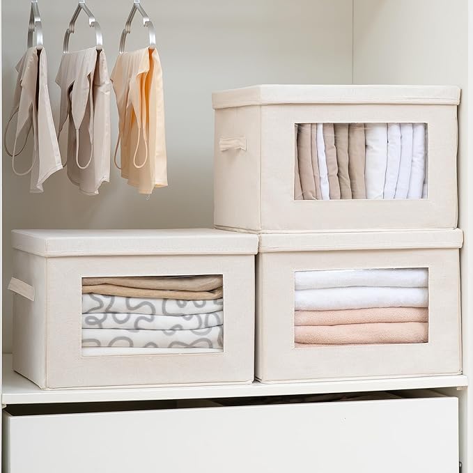 3 Pack Storage Bins with Lids, Fabric Foldable Storage Bins with Soft Cord Handles, Canvas Storage Bin with Lid for Organizing Clothes, Blankets and Books, Beige