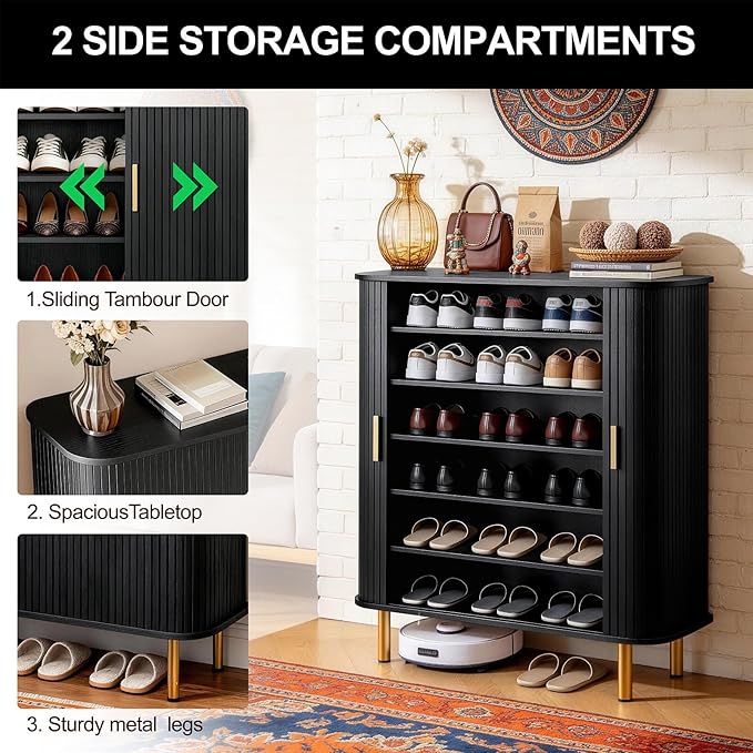DHH Shoe Storage Cabinet with Sliding Door, 6-Tier Shoe Cabinet with Adjustable Shelves, Mid-Century Modern Freestanding Shoe Storage Organizer for Entryway, Hallway, Living Room (Black, 31.5 ")