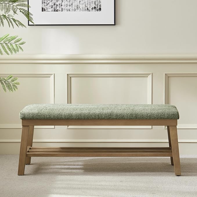 VKNOW Entryway Bench, 44.4" Upholstered Shoe Storage Bench for Entryway & Bedroom, Shoe Bench with Rubberwood Legs, Modern End of Bed Storage Bench for Living Room and Hallway, Green
