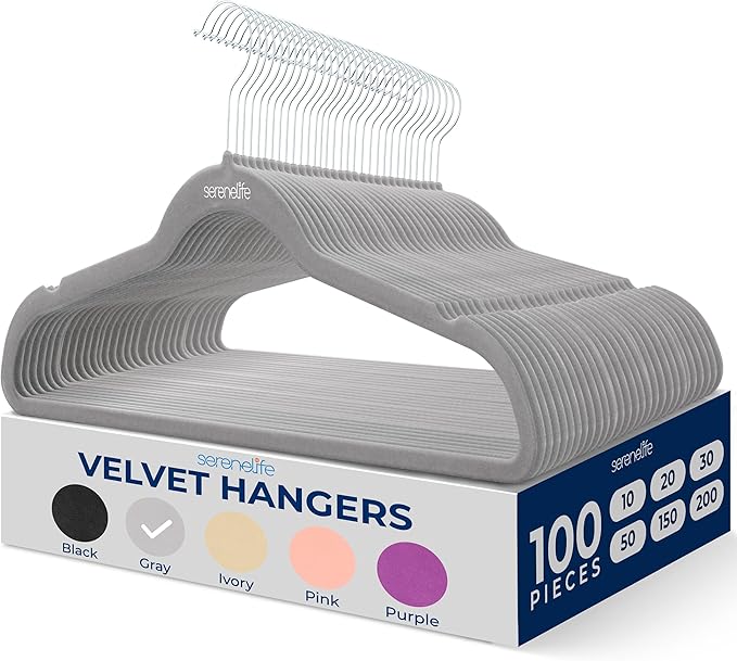 100 Pieces Velvet Hangers - Space Saving Heavy Duty Slim Suit Clothes Hanger Set with 360 Degree Swivel Metal Hook, Can Hold Up to 10 Lbs. for Coats, Jackets, Pants & Dress (Gray)