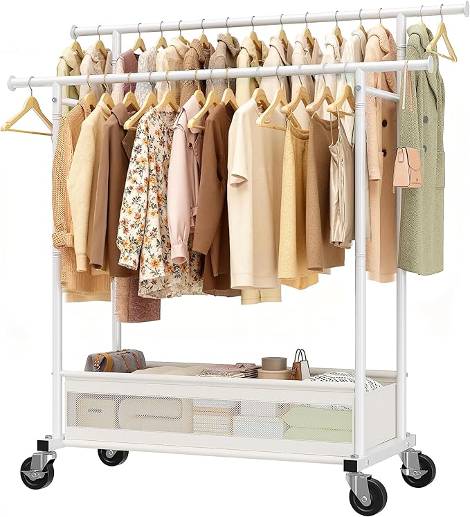 Clothes Rack Clothing Racks for Hanging Clothes, Rolling Clothes Rack Portable Clothing Rack, Double rod clothing rack with Storage Basket, Garment rack for Bedroom, Laundry Room, White
