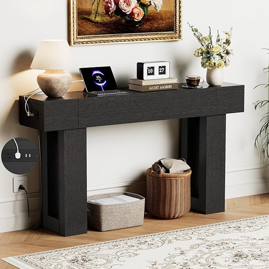 63 Inch Long Console Table w/Outlets & USB Ports, Narrow Rectangular Sofa Table Behind The Couch, Farmhouse Entryway Table for Entrance, Hallway, Living Room(Black with Outlet)
