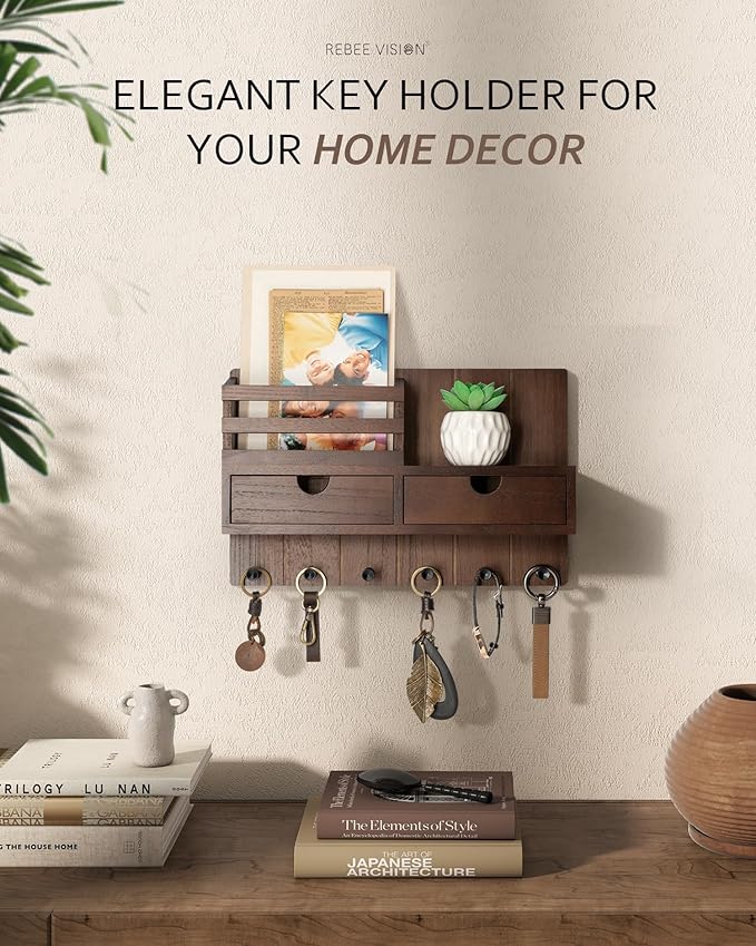 Rebee Vision Farmhouse Key Holder Wall Mount with 2 Drawer Organizer - Decorative Mail Organizer for wall with 6 Key Hooks - Ideal Apartment Essentials for Room Decor Aesthetic (Rustic Brown)