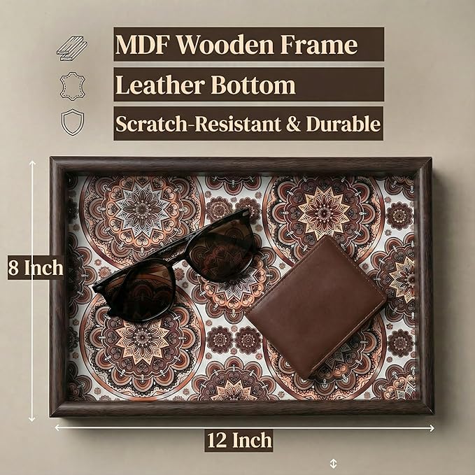 Wooden Valet Tray with Leather Base - Nightstand Catchall Organizer for Cologne, Perfume, Keys, Wallet, Phone, Watch, Jewelry & Sunglasses (Bohemian)